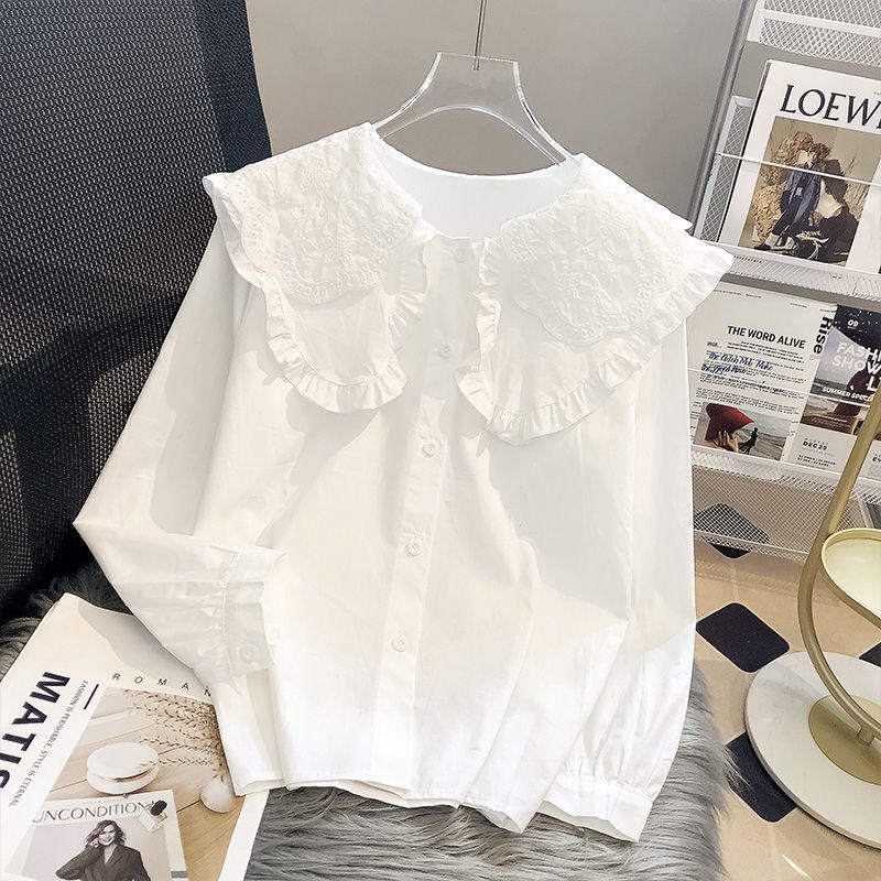Women's Lace Peter Pan Collar White Blouse, Korean Style, Long Sleeve, Autumn/Spring 2023