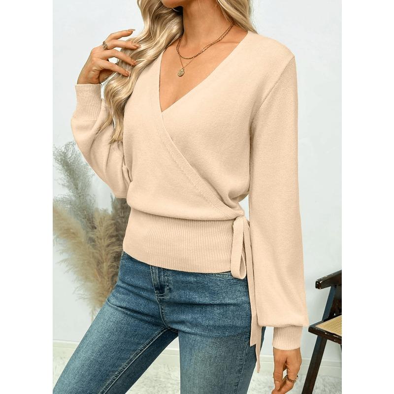 Women S V Neck Long Sleeve Knit Cardigan Sweater Cross Strap Spring Autumn