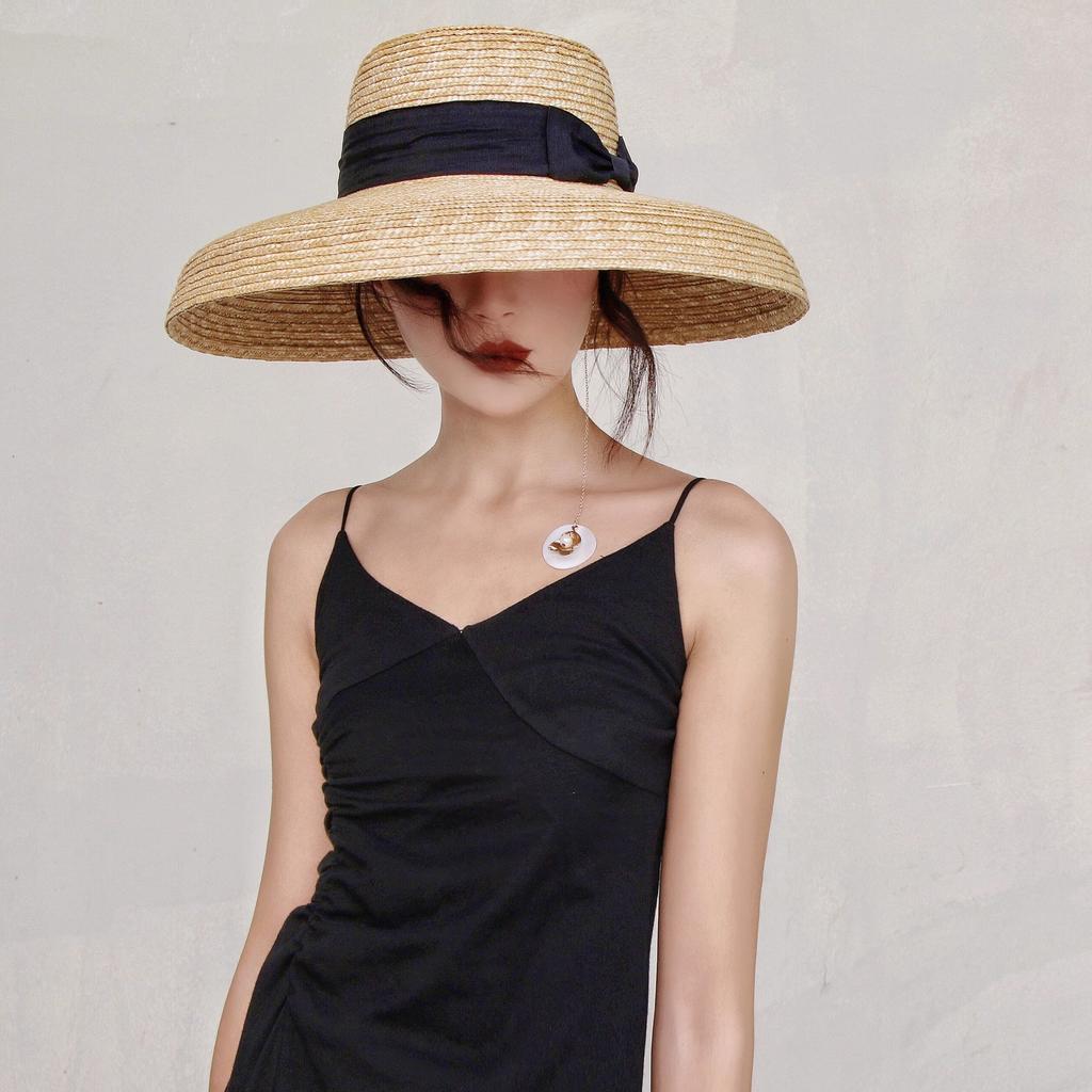 Boater Straw Hat wide brim French elegant square ribbon women's sun hat holiday straw hat