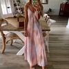 Fashion Women Sexy Plus Size Tie-dye Print Sleeveless V-Neck Camisole Long Dress