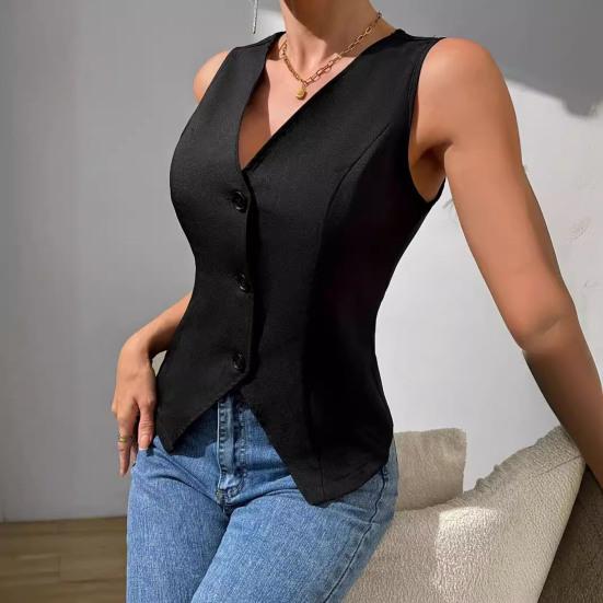 Women's Dressy Suit Vest V-Neck Button Down Blazer Waistcoat Sleeveless Crop Top Slim Fit Work