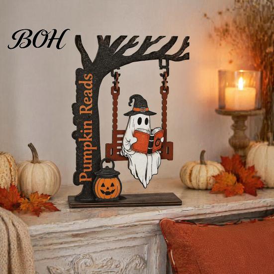 Handcrafted Wooden Art Pieces Halloween Desktop Swing Decor, Spooky Home Reading Ghost on A Figurine Wear Resistant Decorations for Living Room