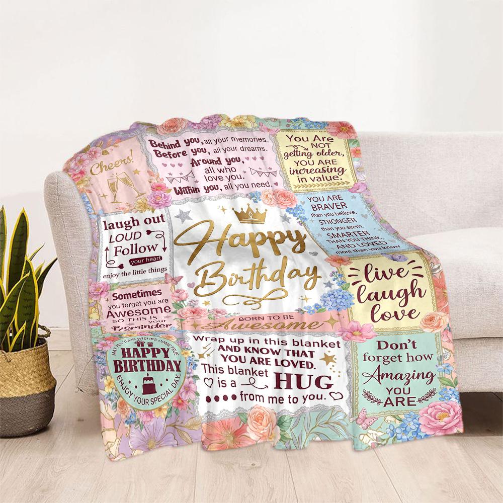 Happy Birthday Inspirational Quotes Blanket Comfortable Suitable for Sofa Picnics Office All-Season Use Digital Print Gifts For Family Or Friends