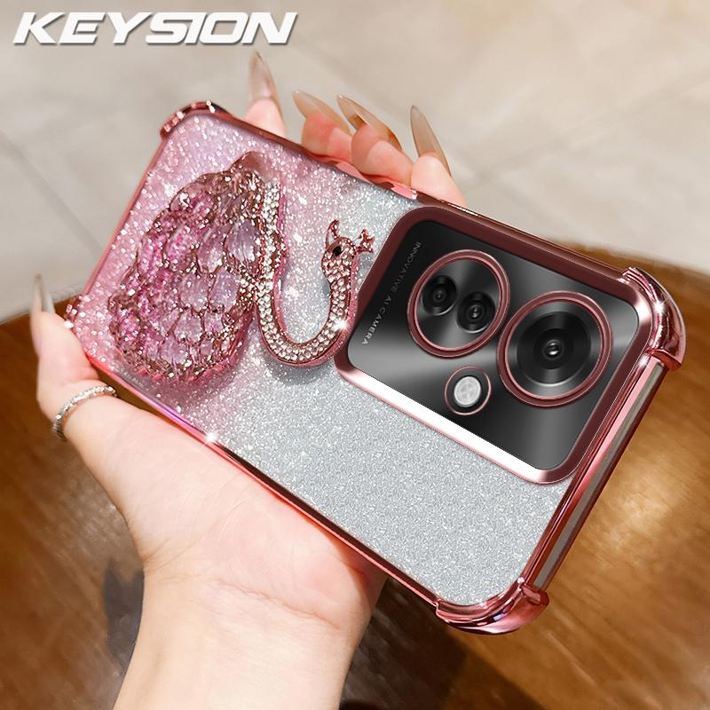 KEYSION Shockproof Plating Phone Case for OPPO Reno11 F 5G Clear TPU Glitter Jewelled Swan Kickstand Back Cover for OPPO Reno11F 5G