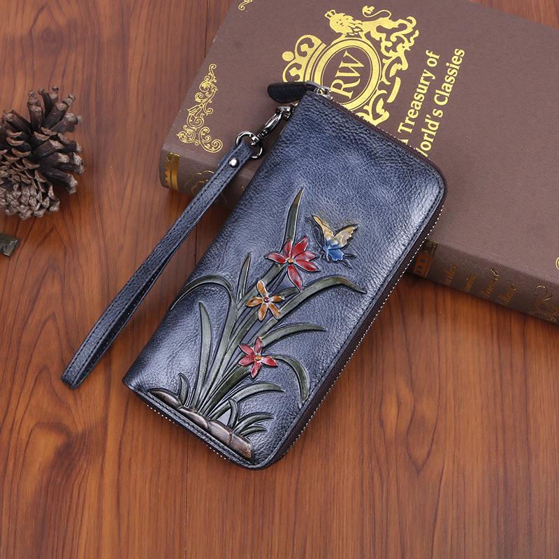 New Top Layer Cowhide Leather Bag with Retro Style, Multi Slot Long Wallet, Embossed and Colored