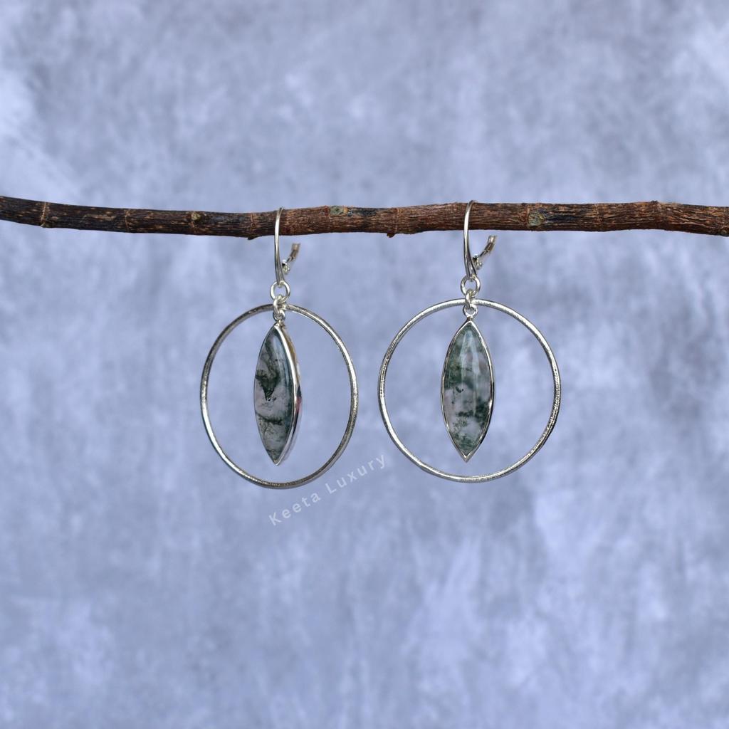 Natural moss agate hoop dangle earrings, Sterling silver handmade stylish jewelry for women, Healing crystal Unique fashion jewelry gifts