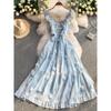 French Sweet Blue Three-dimensional Flower Small Flying Sleeve Suspender Dress Women's Casual Summer Vacation Style Thin Dress