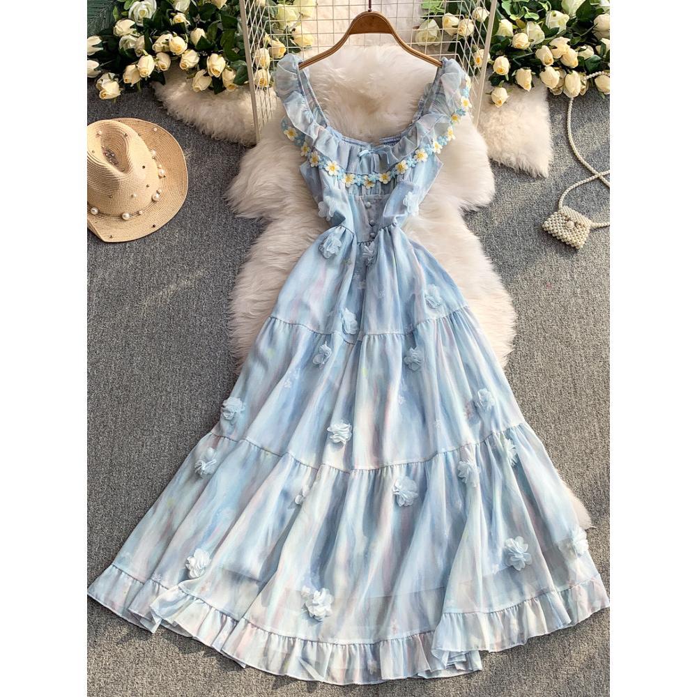 French Sweet Blue Three-dimensional Flower Small Flying Sleeve Suspender Dress Women's Casual Summer Vacation Style Thin Dress