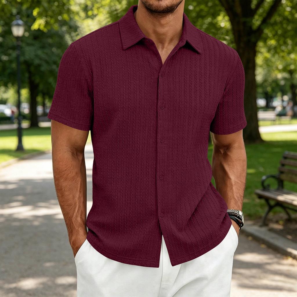 Men's Textured Knit Short Sleeve Shirt Casual Simple Button Down Polo Collar Shirt Summer Lightweight Breathable Fabric