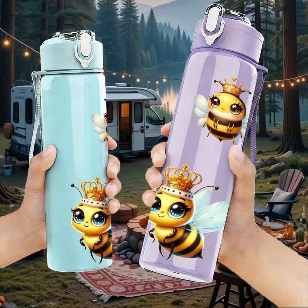 1PC Simple Flying Bumble Bee Print 750ml Color Plastic Sports Water Bottle Leakproof Flip Straw Lid Suitable for Sports Office Home Use