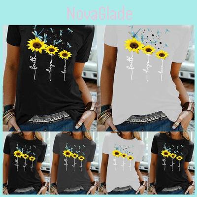 Chic Women Floral Daisy Print Basic T-shirt Breathable Short Sleeve Blouse Perfect For Everyday