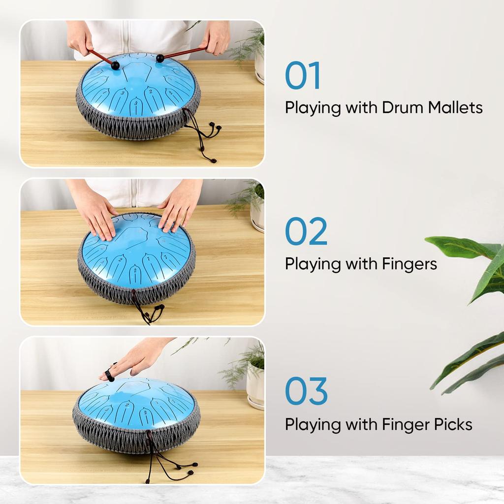 Musfunny Steel Tongue Drum 15 Notes 12 Inches Blue Musical Instrument Percussion with Sheet Music Mallet and Storage Bag for Music Education Yoga