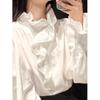 2025 Women's French Retro Ruffle Stand Collar White Long Sleeve Shirt