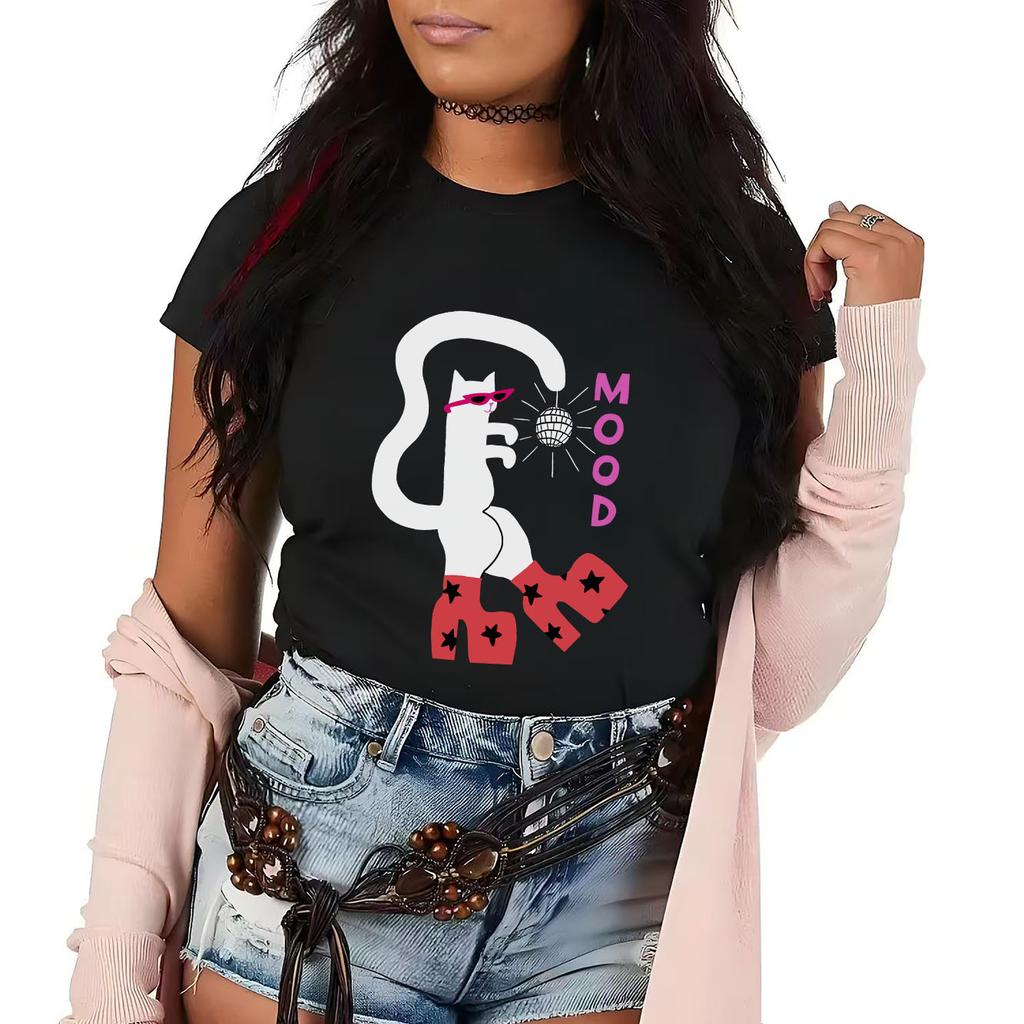 Fun Dancing Cat Printed Tshirt Casual Short Sleeve Suitable for Four Seasons Fashion Versatile Womens Tshirt