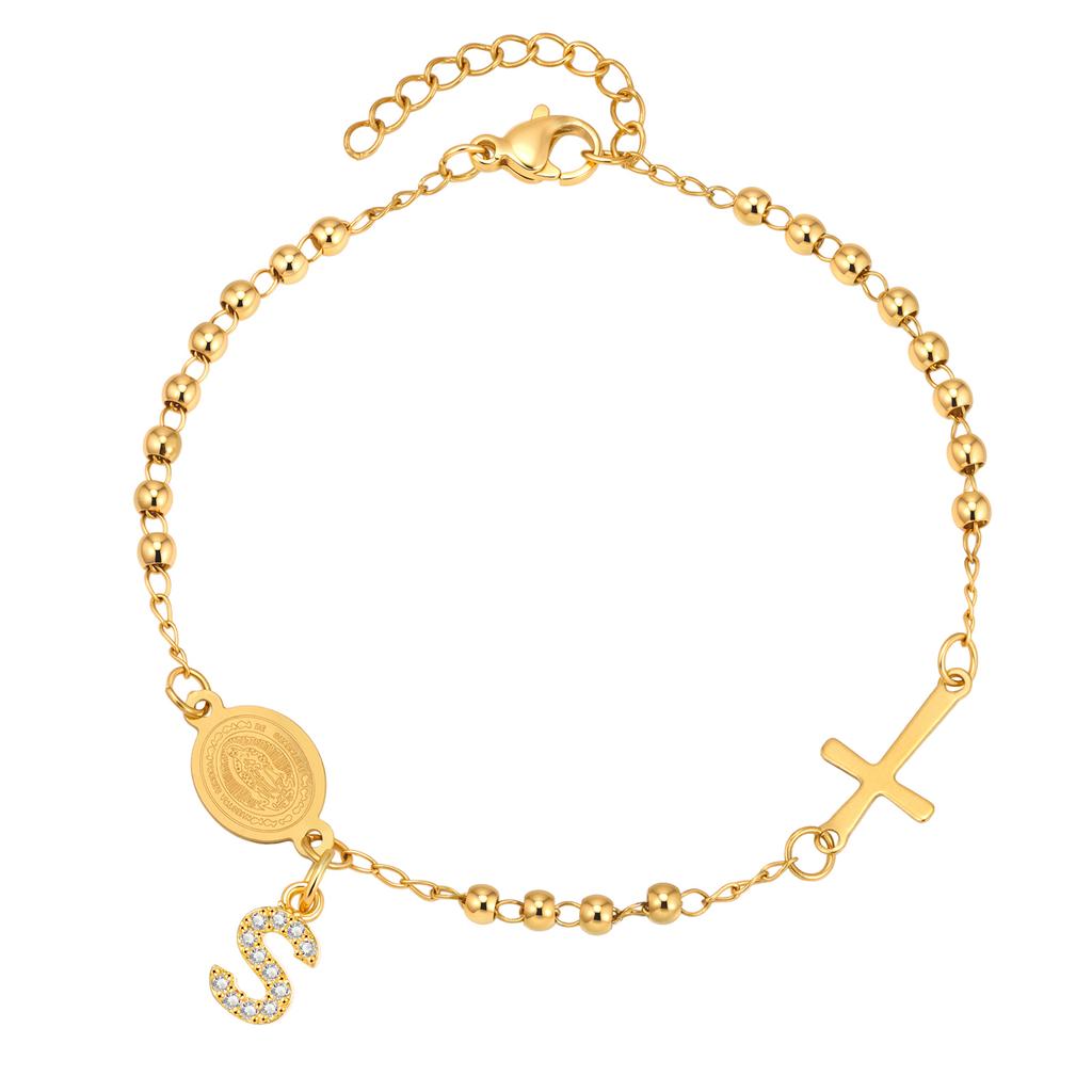 Stainless Steel Rosary Virgin Mary Beaded Bracelets with A-Z Initial Letter Pendant, Gold Plated Religion Jewelry for Women
