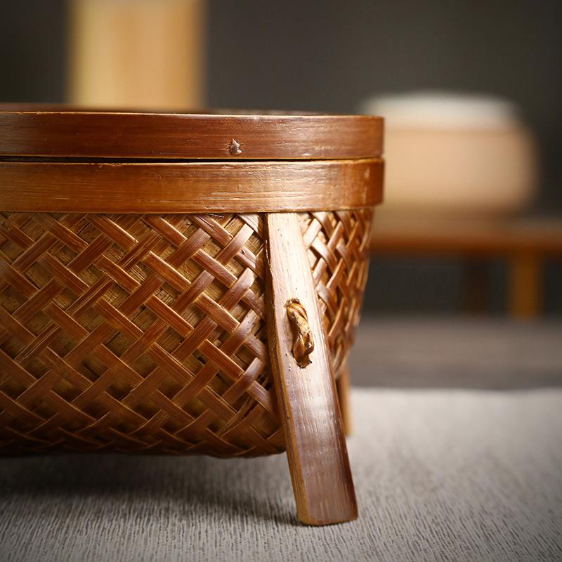 Handwoven Bamboo Fruit Basket with Lacquer Rim, Vintage Snack Box for Tea Parties, Round Storage Holder for Nuts