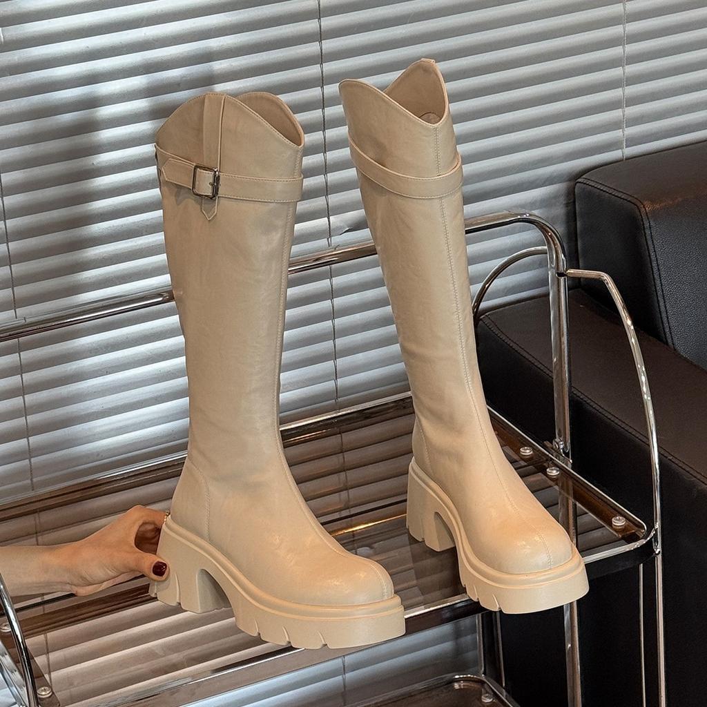 Women's new autumn style V-neck long tube boots with a knee length and thick sole height increasing fashion boots