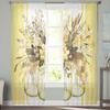 Summer Eucalyptus Leaves Striped Yellow Window Tulle Curtains for Living Room Bedroom Hotel Luxury Decoration Sheer Curtains