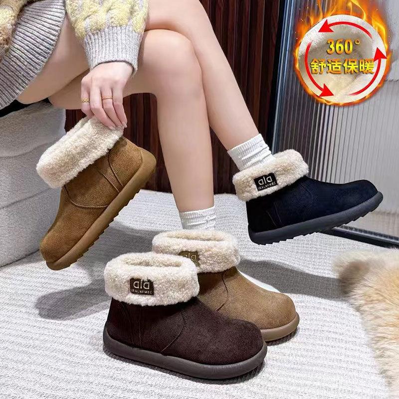 Real fur integrated thick-soled snow boots for women's autumn and winter new velvet flat-soled short boots for women's fluffy cotton shoes