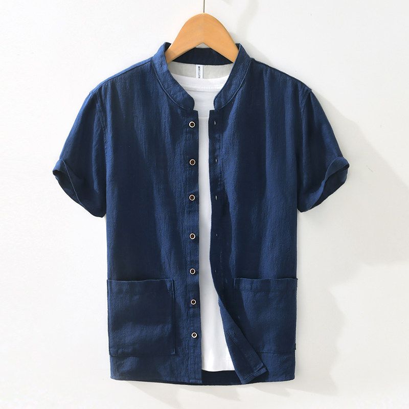 New Chinese Style Retro Cotton Linen Stand Collar Short sleeve Shirts Men's Japan fashion Artistic Summer Shirt Outerwear Thin