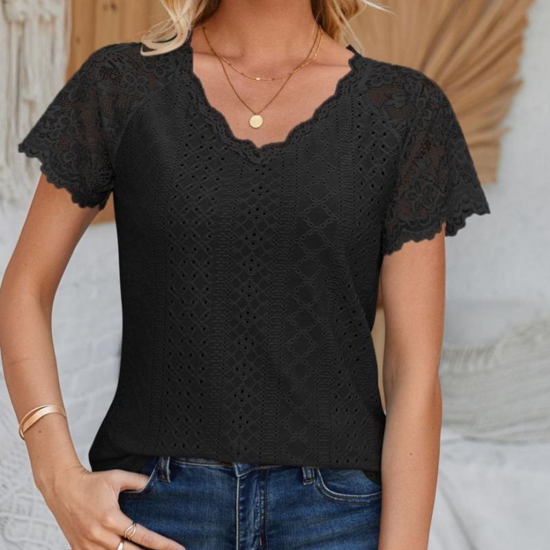 Women's Spring Summer V-neck Lace Splicing Loose Casual T-shirt