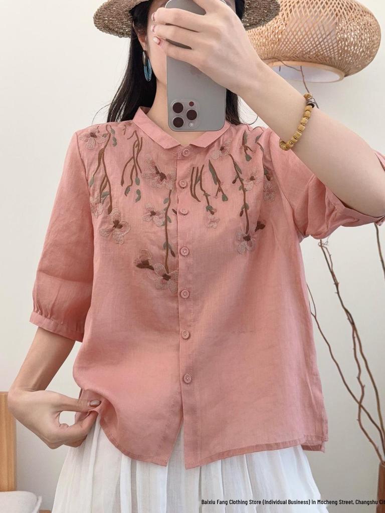 2026 Summer Women's Artistic Embroidered Linen Shirt: Chinese Style, National Flair, Small Lapel, Five-Point Sleeves