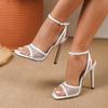 Eilyken Fashion Mesh Hollow Out  Ankle Strap Sandals Women Summer Square Open Toe Rhinestone Mesh High Heels Party Prom Shoes