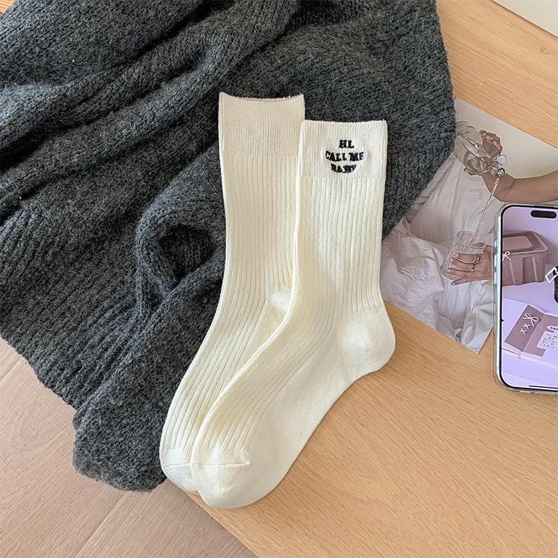 Autumn Double-needle Striped Fashionable Embroidered Letter Cotton Mid-calf Socks
