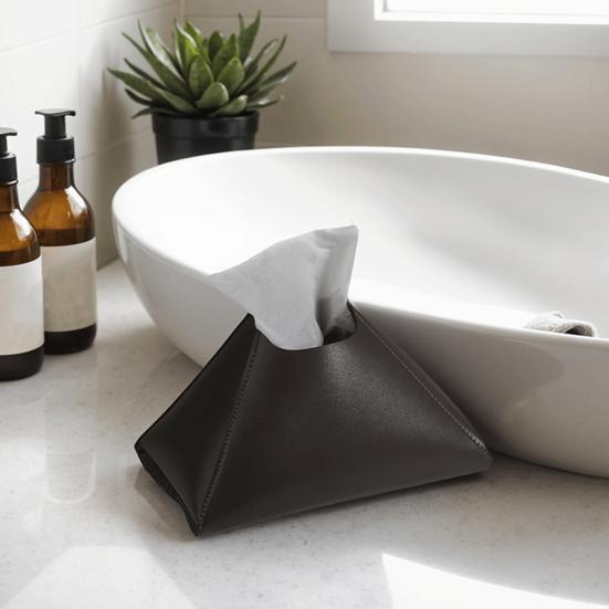 Faux Leather Tissue Holder Decorative Tissue Box Cover Pyramid Tissue Box Case Tabletop Tissue Dispenser