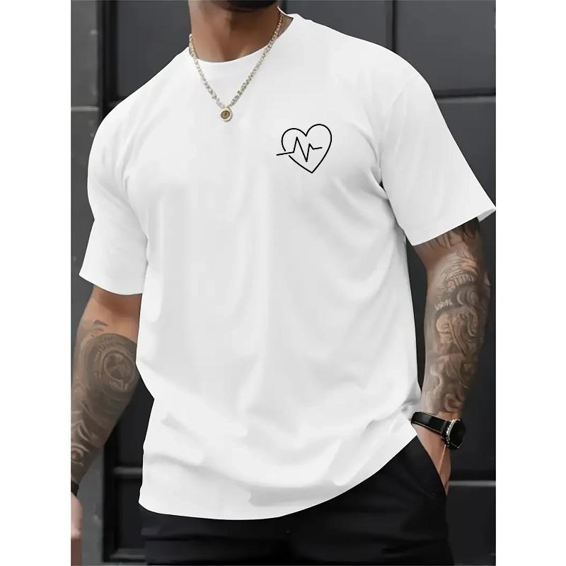 

Men s Heart Rate Graphic Print T-Shirt - Streetwear Tee, Regular Fit Round Neck, Machine Washable All-Season Casual Top S белый