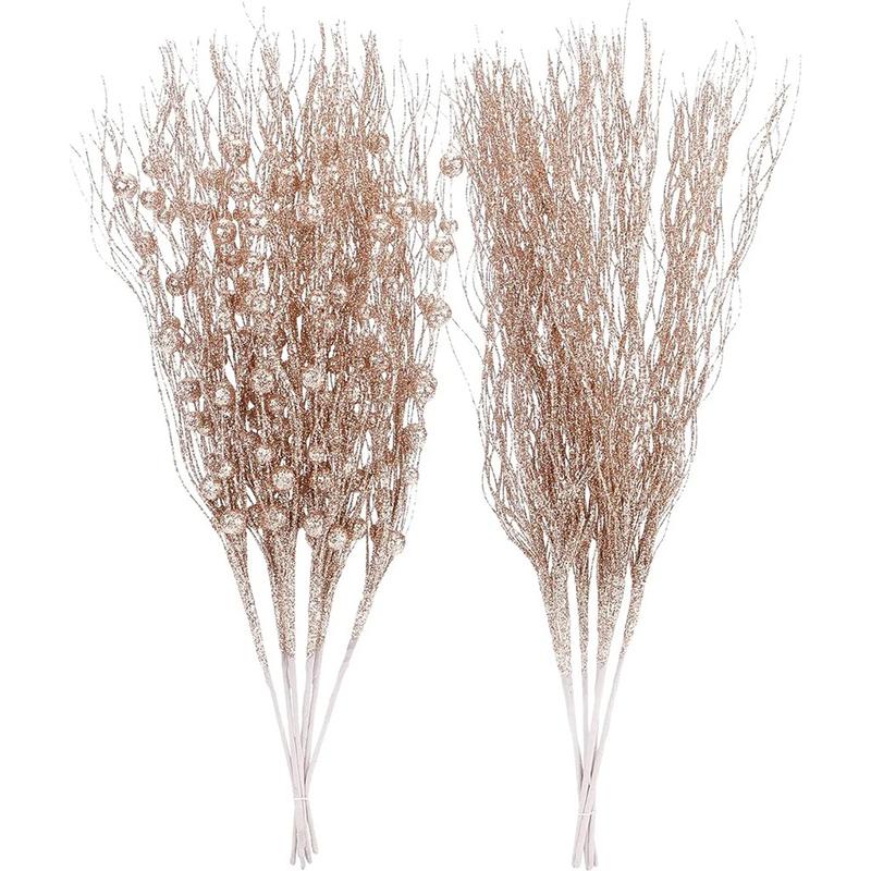 2Pcs Glitter Branches Christmas Tree Decoration Artificial Flowers for Home Fake Flowers Xmas Ornaments New Year Party Decortion
