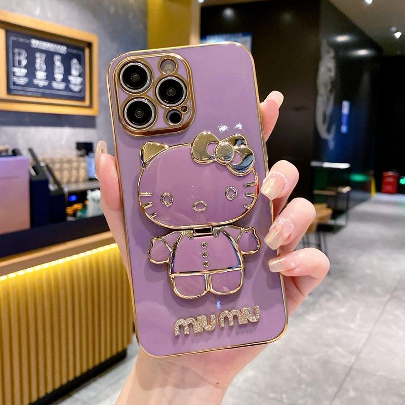 Applicable To Apple 17KT Cat Makeup Mirror Mobile Phone Case iPhone16Pro Bracket 15 Electroplating 14 Fashion Soft