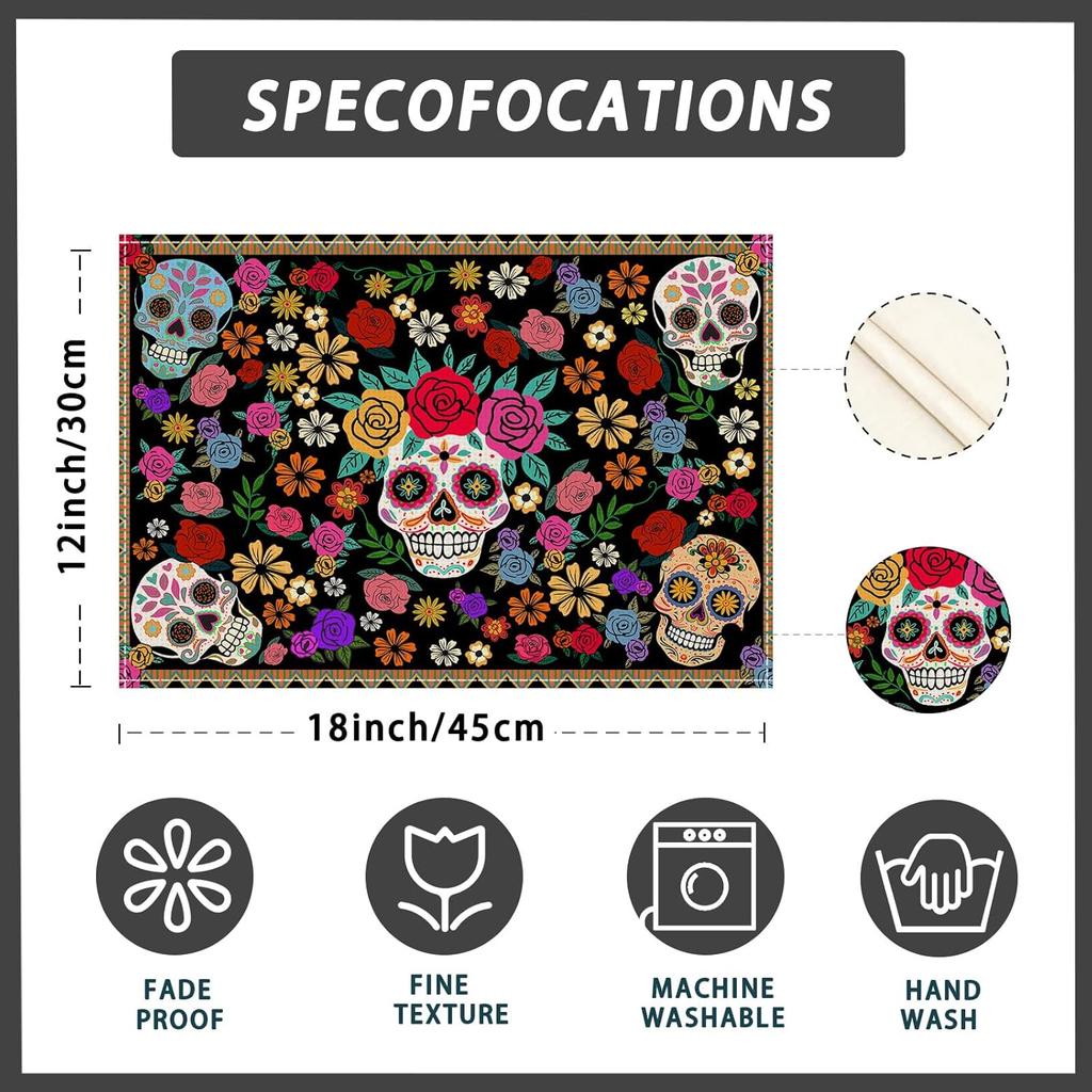 Sugar Skull Colorful Flowers Mexican Style Dia De Los Muertos Placemats Set of 4 Day of The Dead Table Mats