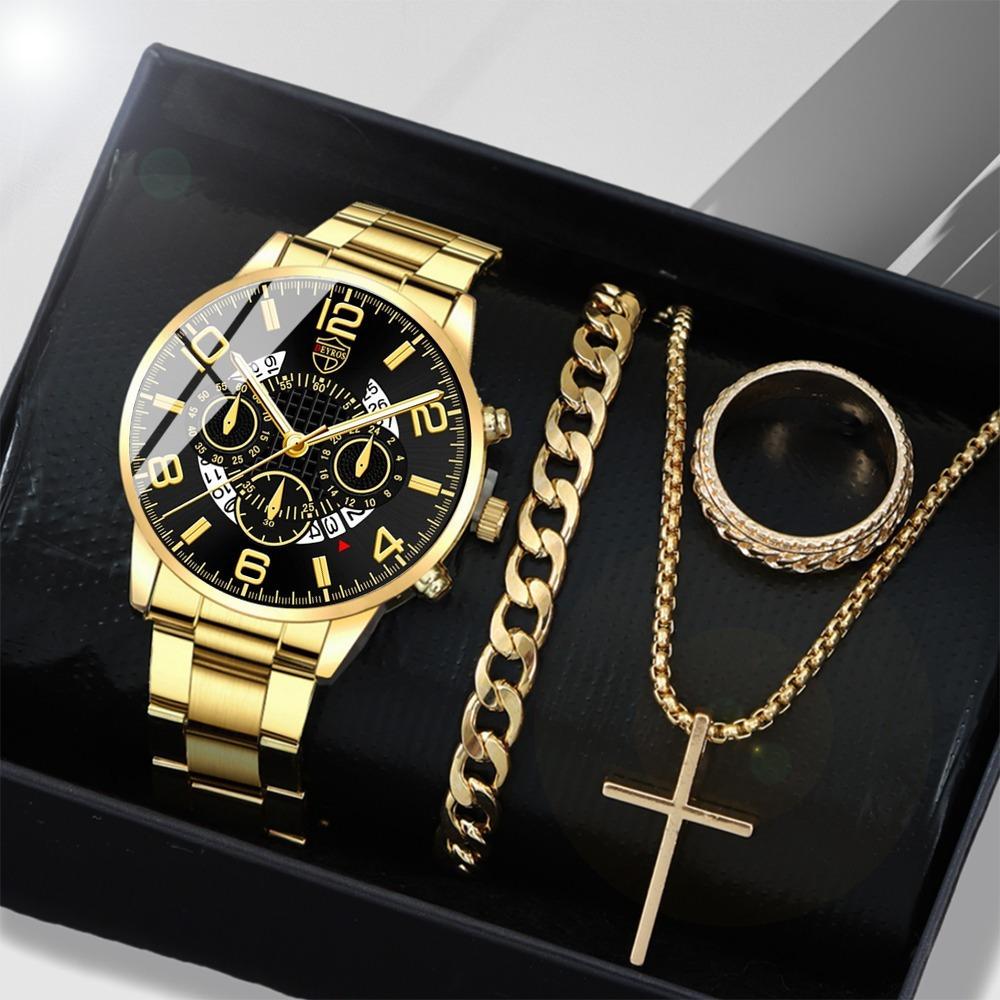 Watch 4-Piece Set Men S Steel Belt Watch Quartz Watch Fashion Watch Set