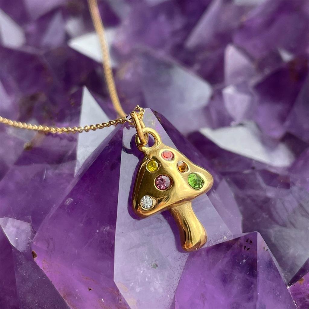 Stainless Steel Mushroom Necklace with Lucky Symbol Embedded In Zirconium Necklace, Gold-plated and Color Preserving