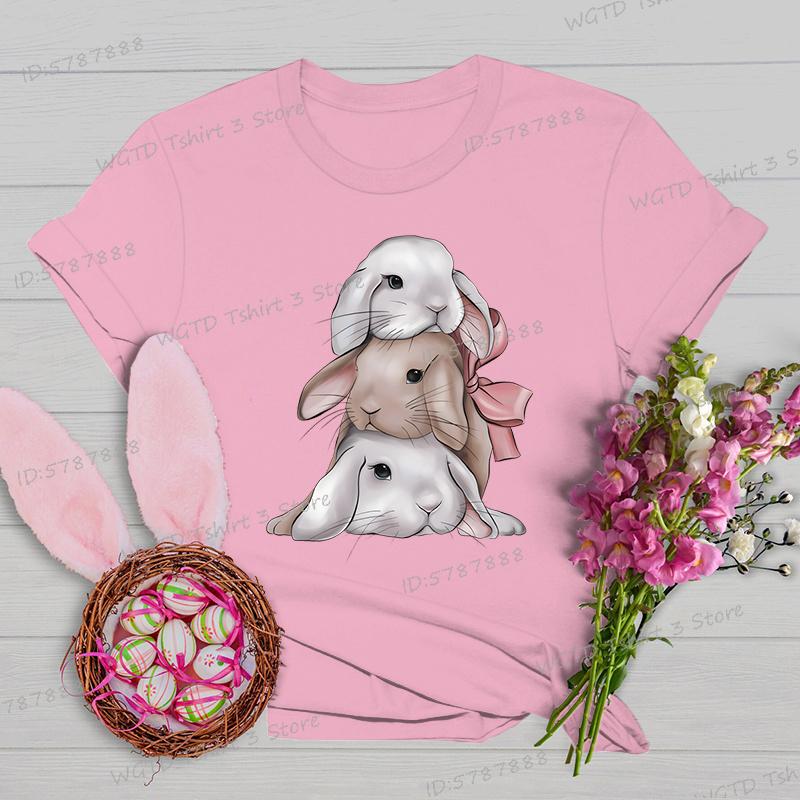 Easter Rabbit Shirts and Blouses Women Gift for Christian Crew Neck Short Sleeve Tshirt Cute Animal Bunny Easter Cartoon Tshirt