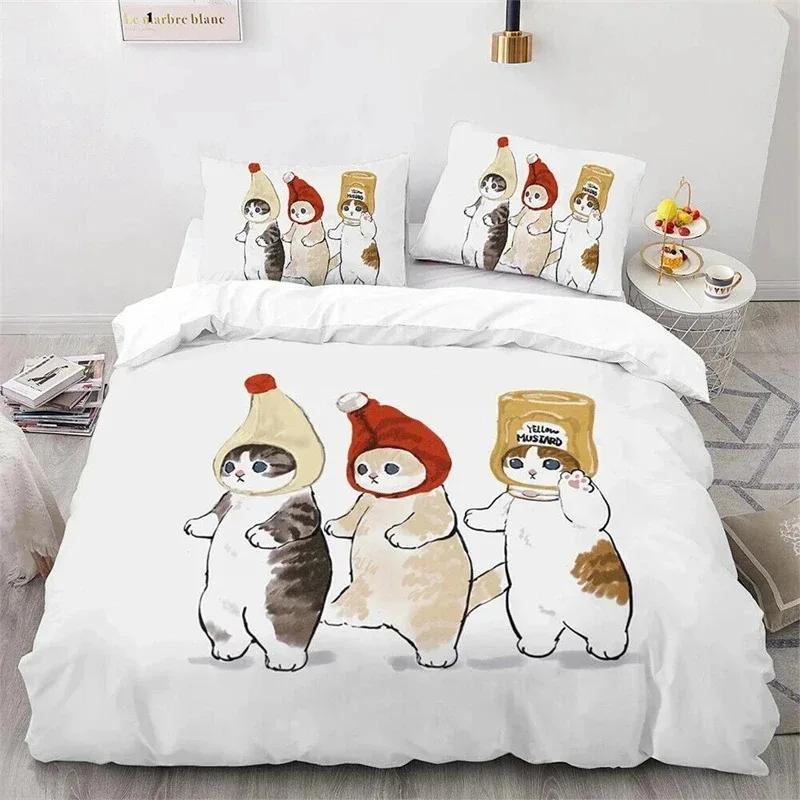 Cute Kitten Duvet Cover Pillow Case Mofusand Anime Shark Cat Bedding Set Single Double Queen Size Teen Gift Room Decor 3PCS set
