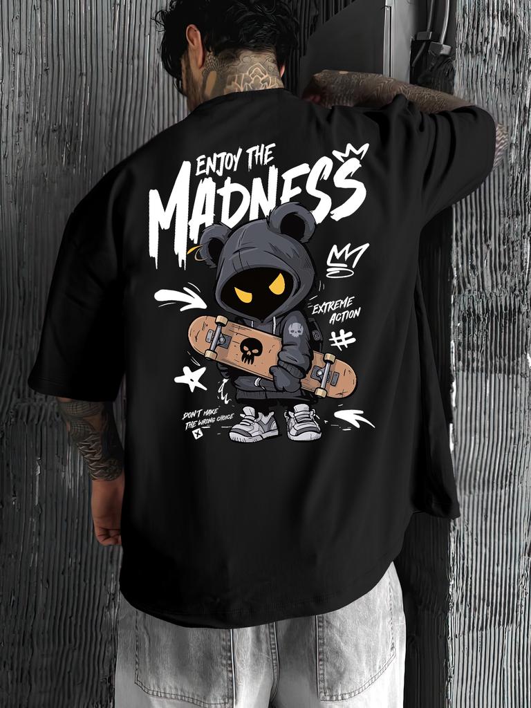 Unisexs Oversized Skate Streetwear Tshirt Brand Enjoy The Madness Dark Hood Bear Skateboard Skull Crown Graphic Print Loose Fit C