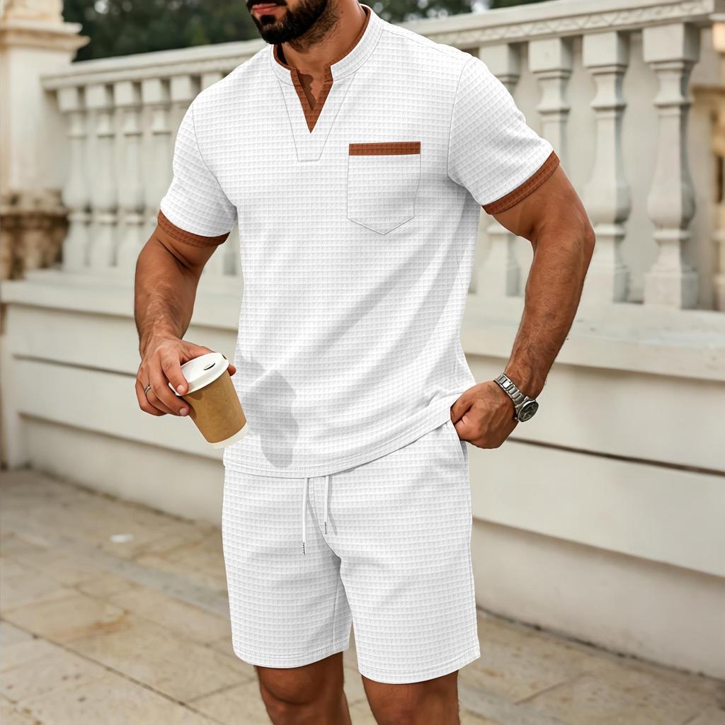 Men's Summer Plaid Pocket V-neck T-shirt & Shorts Casual Two-Piece Set