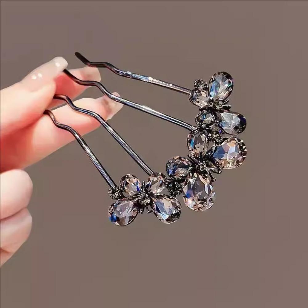 1pc Luxury Rhinestone Butterfly Hair Stick for Women Vintage Elegant Metal U-Shaped Flower Hair Pin Combs Bun Hair Accessories