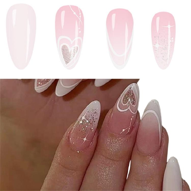 24PCS Ombres Glitters Press On Nail Medium Almond Shape White Heart Design Reusable Fake Nail ABS