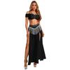 Womens Chiffon Wide Leg Pants Sequins Tassel Slit Belly Dance Culottes Cold Shoulder Crop Top Rhinestone Waist Set