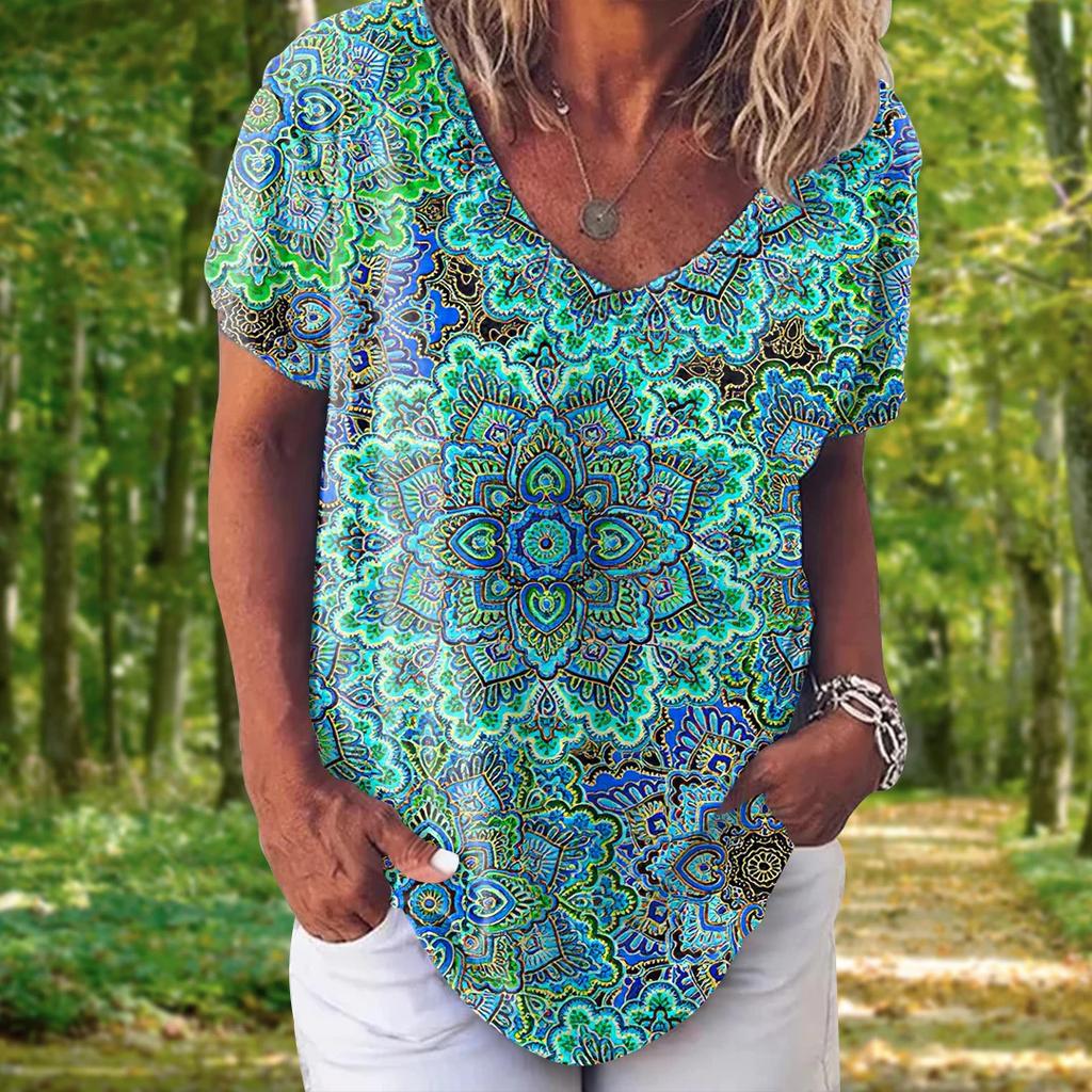 Fashion Women's T-shirt 3D Floral Print Tops Tees V Neck Short Sleeves Female Clothes Summer Large Size T Shirt Woman Clothing