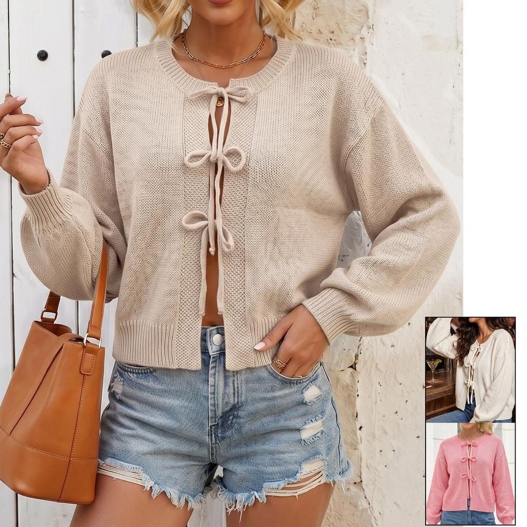 Autumn Winter Solid Color Bow Tie Sweater Coat Round Neck Commuter Knit Cardigan