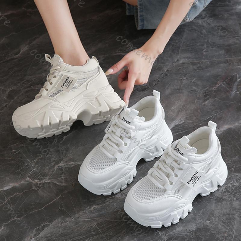 Comemore White Breathable Chunky Sneakers Woman Spring Thick Platform Casual Sneakers Women Non Slip Lace Up Sports Shoes Female