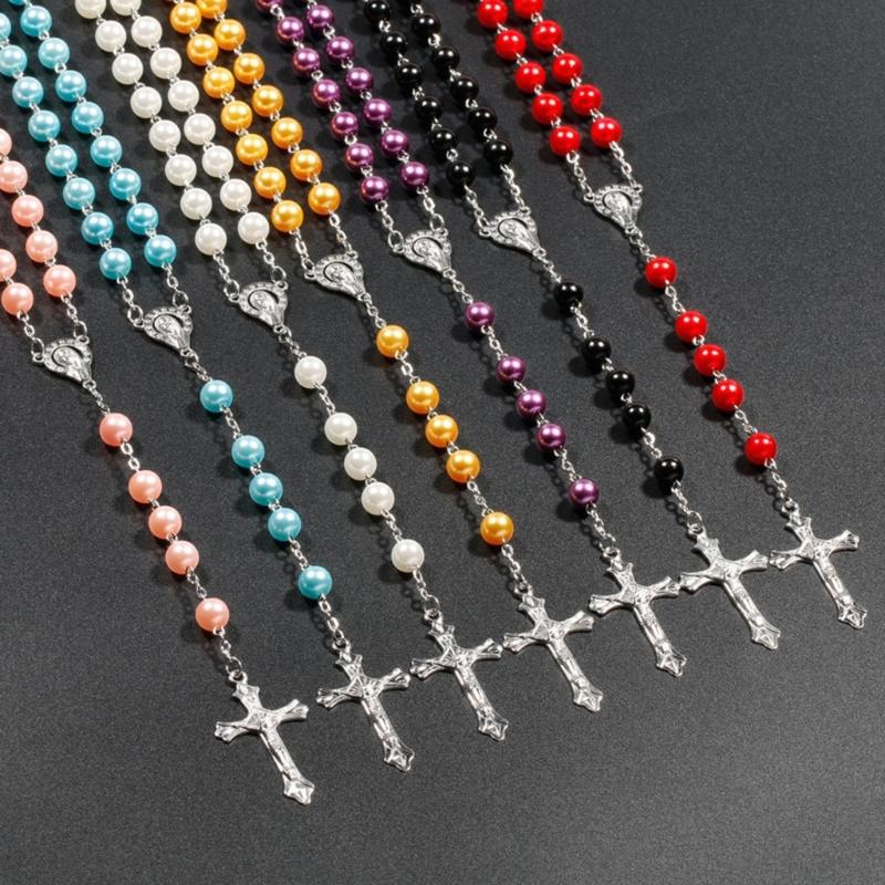 Elegant Rosary Beads Necklace Cross Pendant Charm Neck Chain Long Pray Chains 8mm Beads Neckband Religious Jewelry