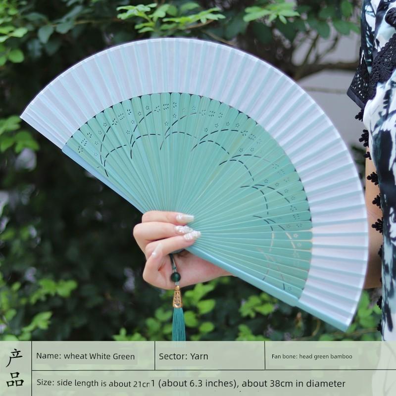 Vintage-Style Portable Green Folding Fan for Women, Suitable for Hanfu, Cheongsam, Classical Dance, and Summer Use