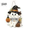 Ghost Wall Decor Halloween Wooden Welcome Sign for Front Door, Rustic Cartoon Hanging Fall Farmhouse Plaque with Pumpkin Wizard Hat And Broom Holiday