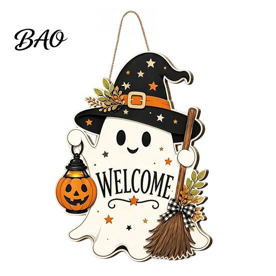 Ghost Wall Decor Halloween Wooden Welcome Sign for Front Door, Rustic Cartoon Hanging Fall Farmhouse Plaque with Pumpkin Wizard Hat And Broom Holiday