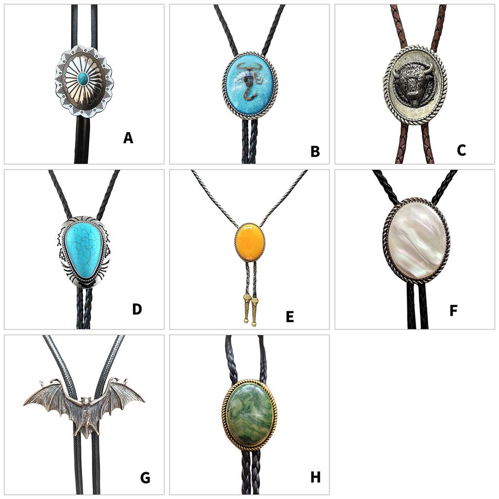 Men's Western Adjustable Bolo Tie with Stone Pendant Braided Leather Rope Necktie Shirt Collar Chain Jewelry Necklace